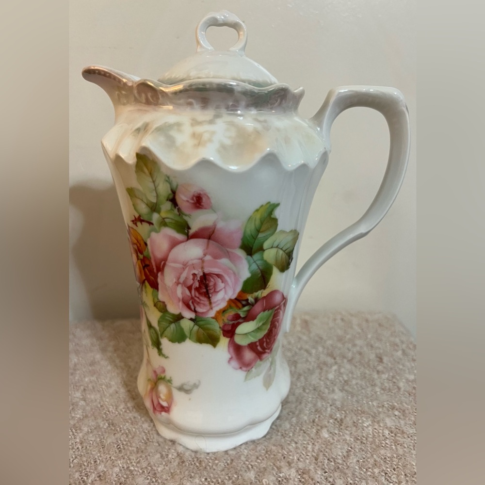 Antique German Chocolate Pot Large Cabbage Roses 9 1/2" Tall